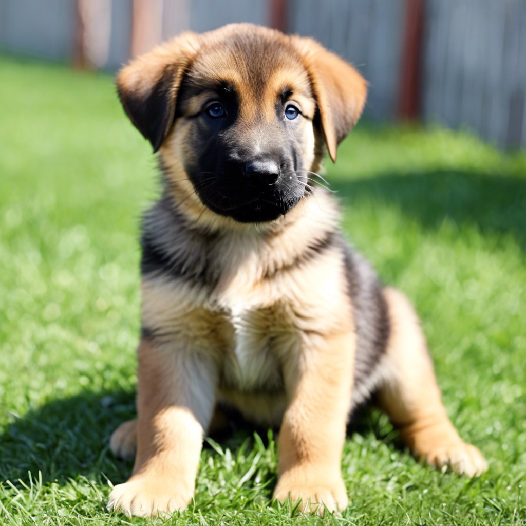 german shepherd lab mix puppy sitting in the grass