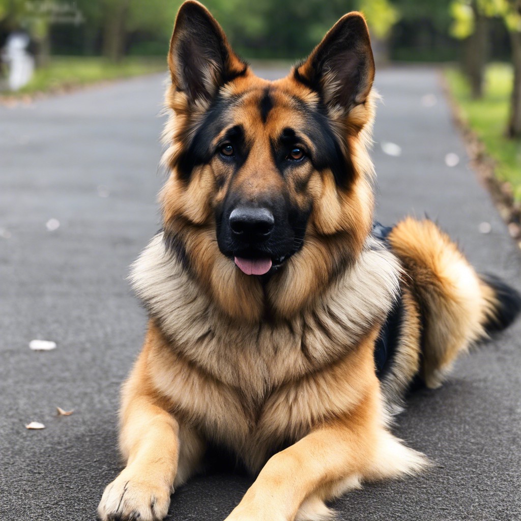 king long haired german shepherd sitting down