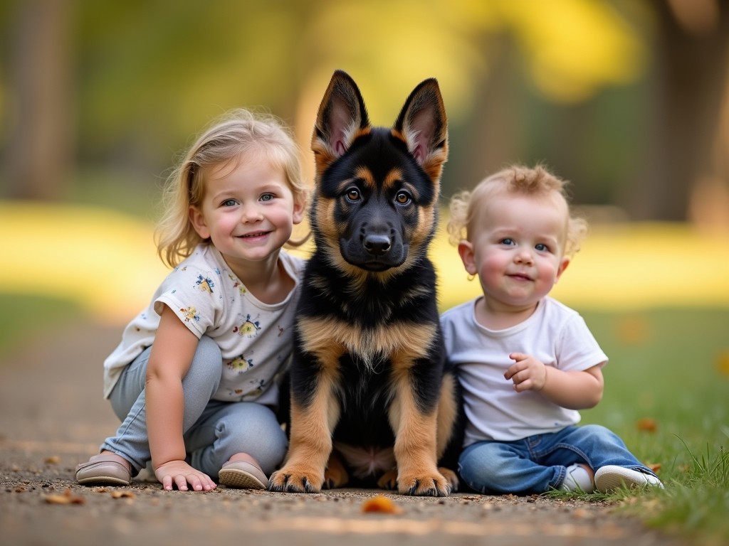 miniture german shepherd puppy with children