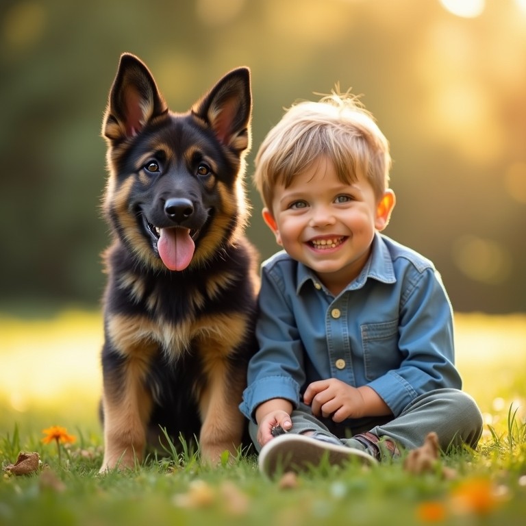 german shepherd puppy and little boy