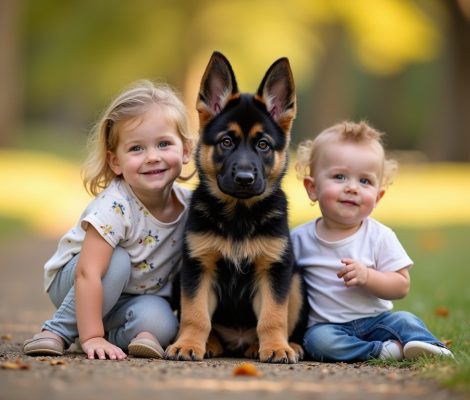 miniture german shepherd puppy with children